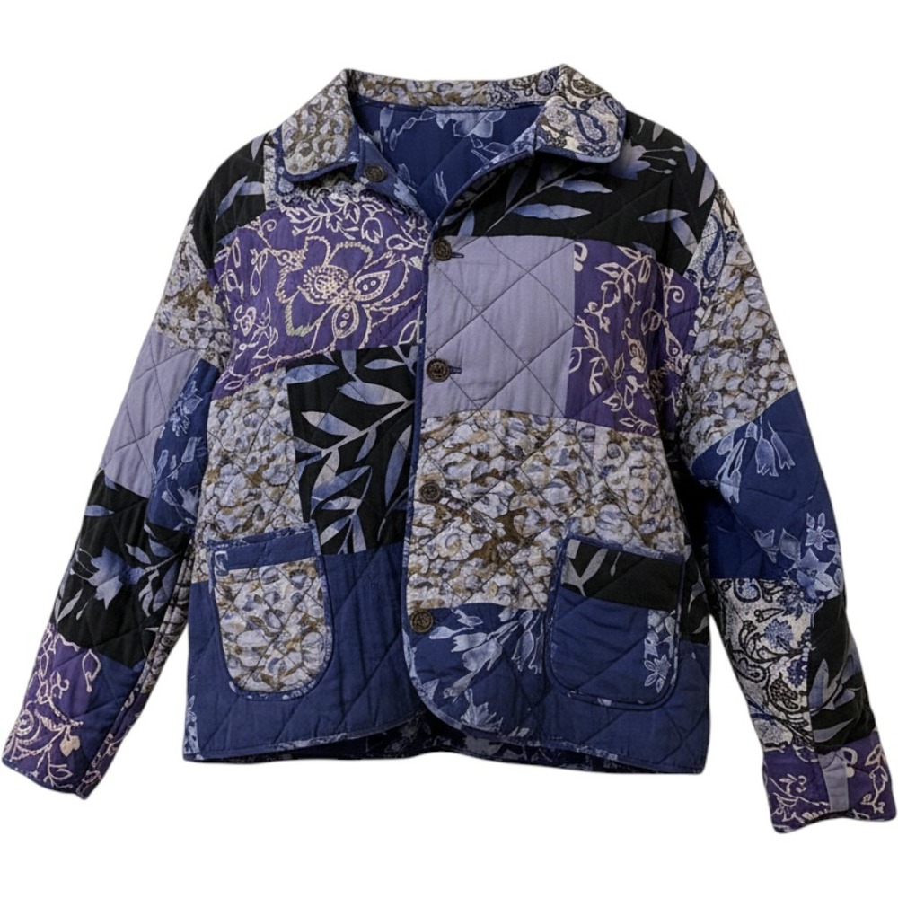 Womens Quilted Silk Jacket Blue Purple Patchwork Reversible Large P Boho artsy